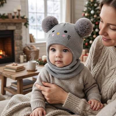 Cagoule pour bebe grise avec pompons